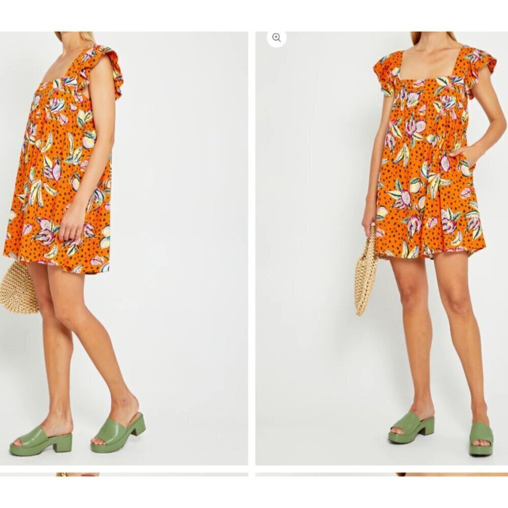 Anthropologie Kourt Aria Linen Tropical Short Dress Pockets Fruit Bird Medium - Picture 14 of 14